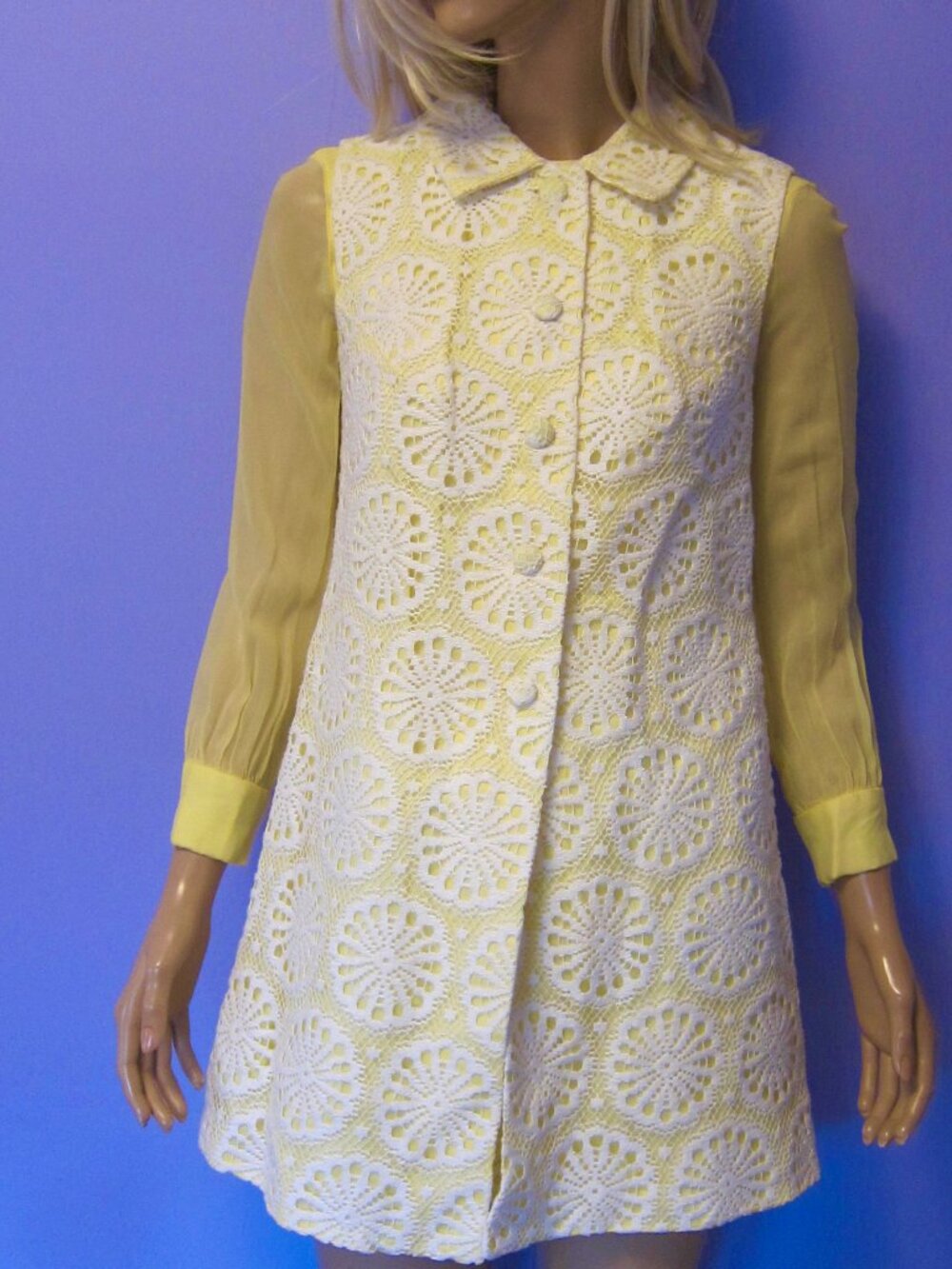 Vintage 70s Junior Petites ALGO-ETTES Lemon Yellow Lace Mini Dress & Mod Coat